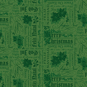 Poinsettias at Christmas Quilt Fabric Text Green C17632-GREEN - Jammin Threads
