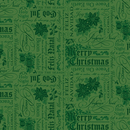 Poinsettias at Christmas Quilt Fabric Text Green C17632-GREEN - Jammin Threads