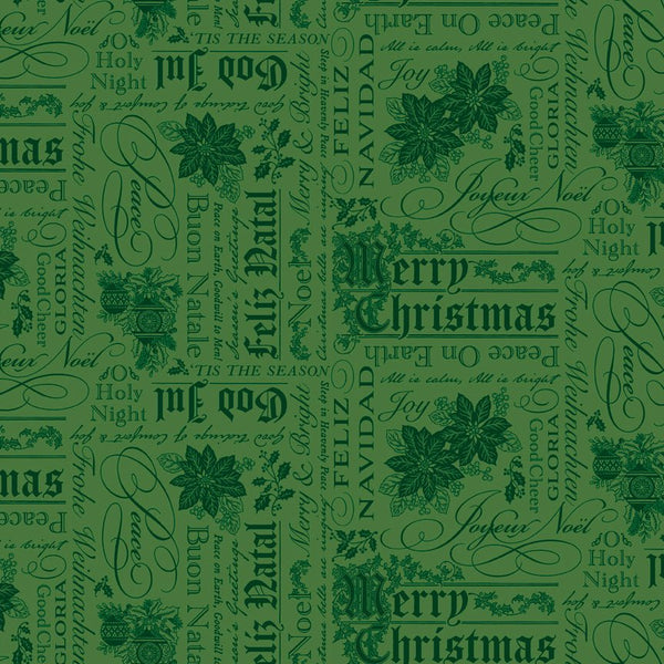 Poinsettias at Christmas Quilt Fabric Text Green C17632-GREEN - Jammin Threads