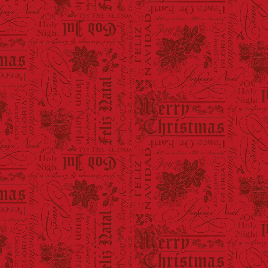 Poinsettias at Christmas Quilt Fabric Text Red C17632-RED - Jammin Threads