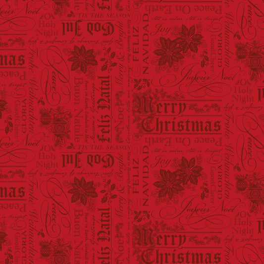 Poinsettias at Christmas Quilt Fabric Text Red C17632-RED - Jammin Threads