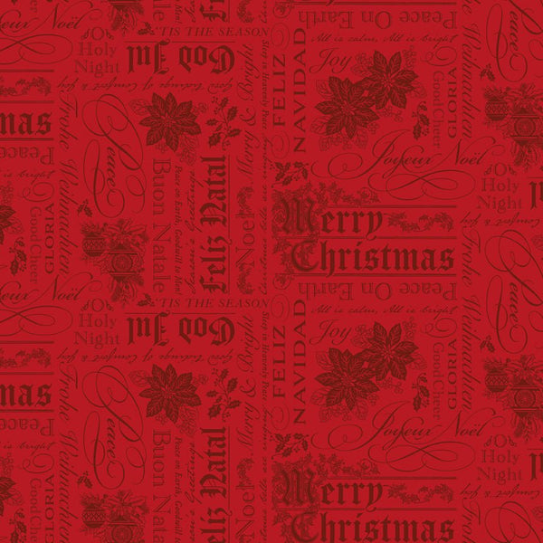 Poinsettias at Christmas Quilt Fabric Text Red C17632-RED - Jammin Threads