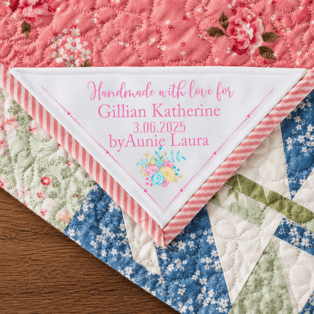 Pretty Floral Corner Quilt Label Personalized with Names & Date | Cotton Quilt Label 5.5 x 5.5 - Jammin Threads