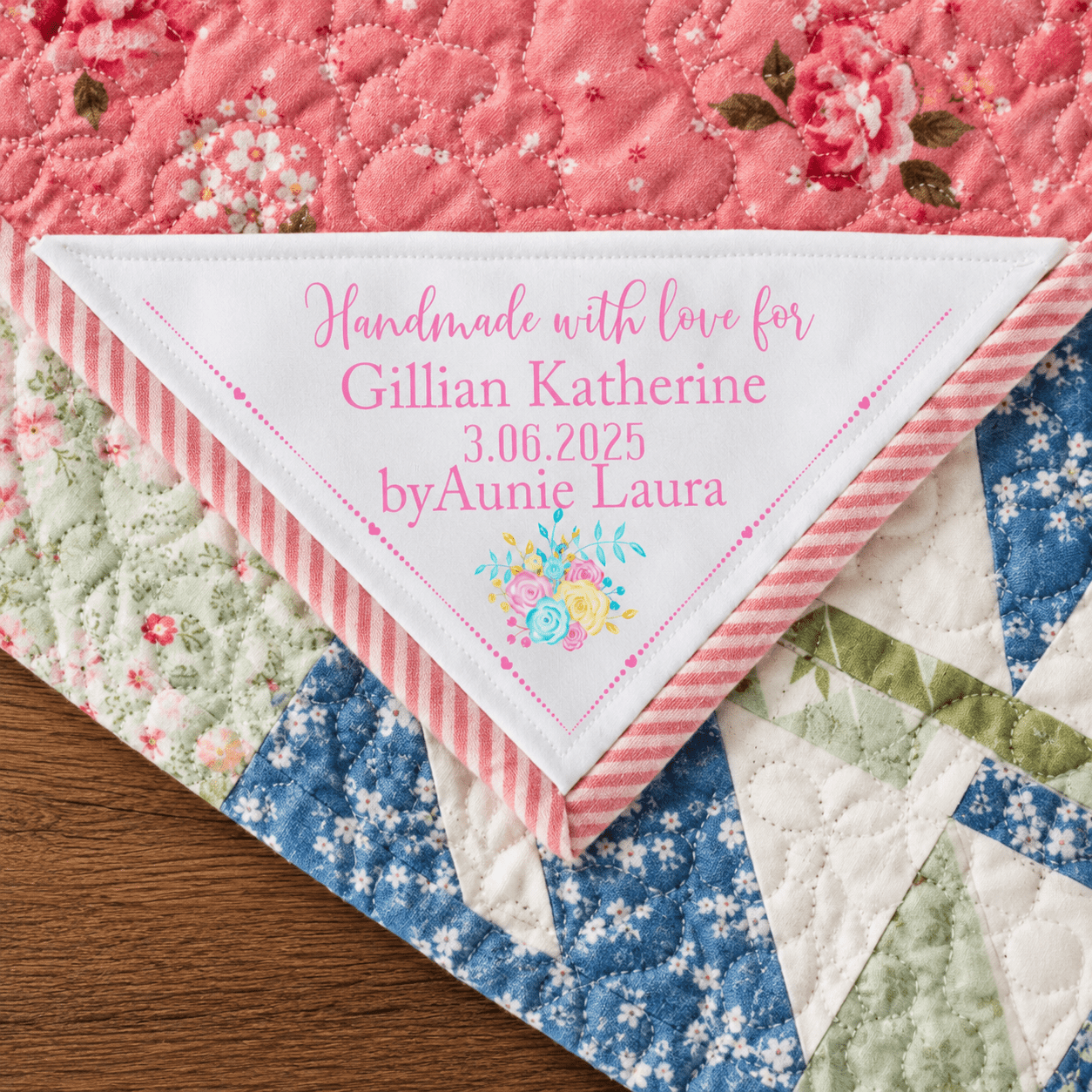 Pretty Floral Corner Quilt Label Personalized with Names & Date | Cotton Quilt Label 5.5 x 5.5 - Jammin Threads