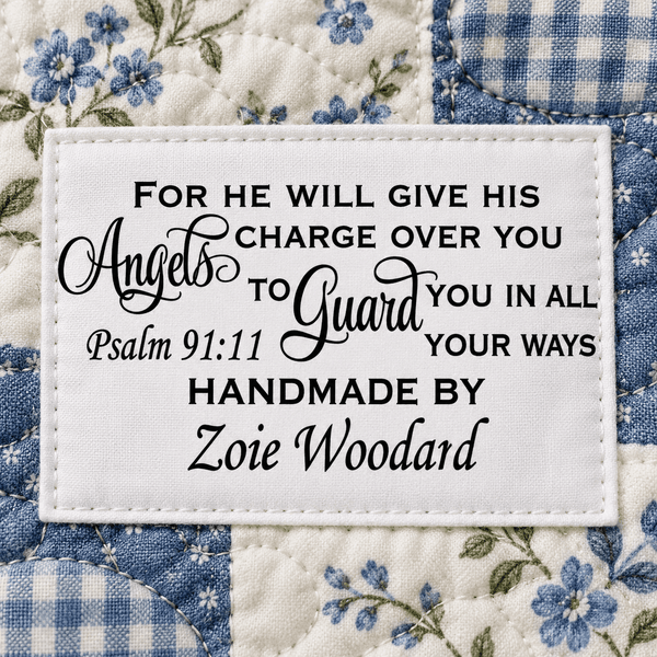 Psalm 91:11 Personalized Quilt Label – “He Will Give His Angels Charge Over You” - Jammin Threads
