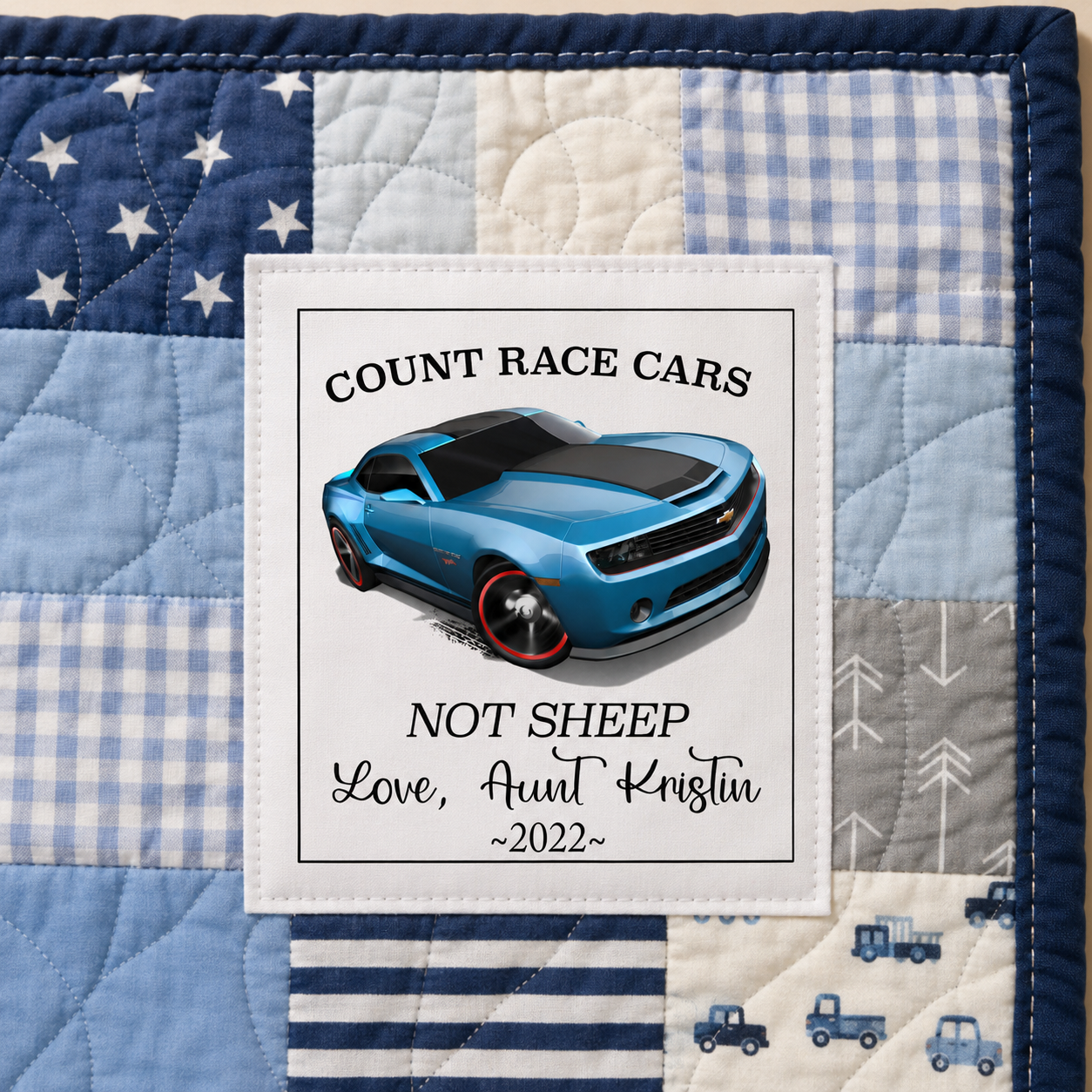 Personalized Race Car Kids Quilt Label – Count Race Cars, Not Sheep