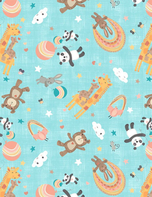 Rainbow Dreams Quilt Fabric Animals Toss Blue by Jenny Faw 3073 43019 453 - Jammin Threads