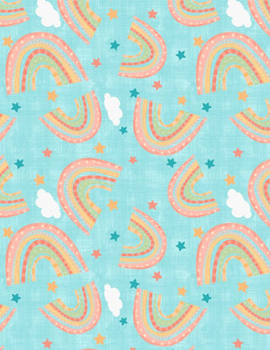 Rainbow Dreams Quilt Fabric Rainbows Toss Blue by Jenny Faw 3073 43020 435 - Jammin Threads