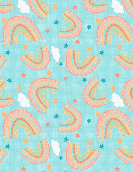 Rainbow Dreams Quilt Fabric Rainbows Toss Blue by Jenny Faw 3073 43020 435 - Jammin Threads