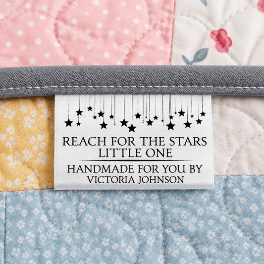Reach for the Stars Little One Personalized Satin Quilt Tag – Custom Fold-Over Label - Jammin Threads