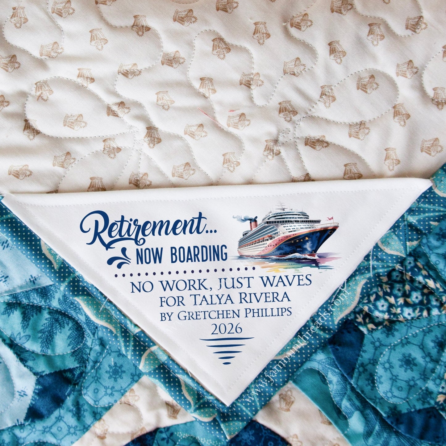 Retirement Now Boarding Quilt Label – Personalized Cruise Ship Corner Label – Custom Quilt Label Gift – Cotton or Polyester 5x5 - Jammin Threads