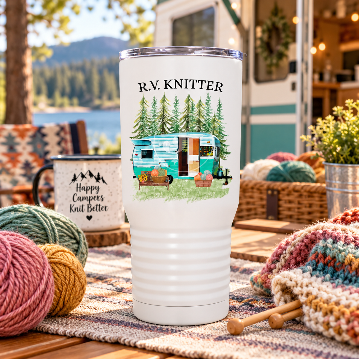 RV Knitter Personalized Drinkware – Retro Camper & Yarn Design - Jammin Threads