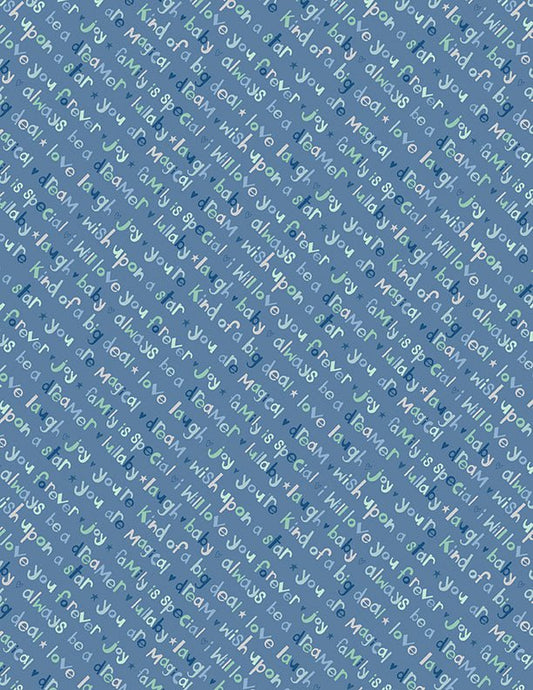 Safari Lullaby Diagonal Words Blue Quilt Fabric by Wilmington Prints - Jammin Threads