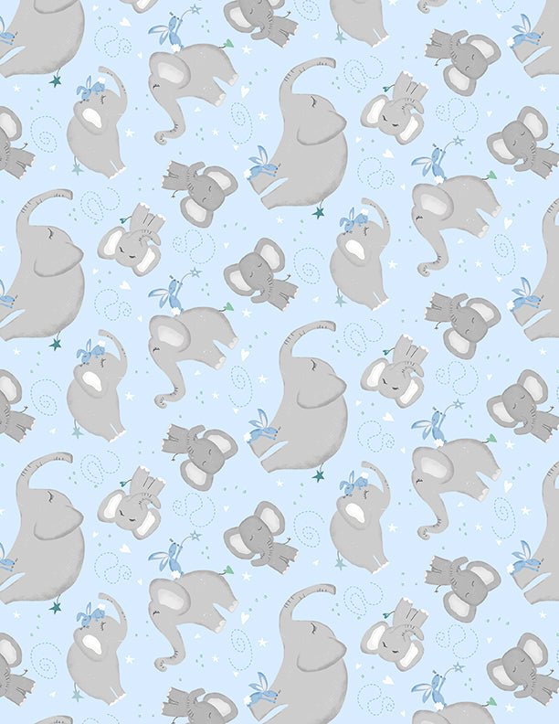 Safari Lullaby Elephant Toss Blue Quilt Fabric by Wilmington Prints - Jammin Threads