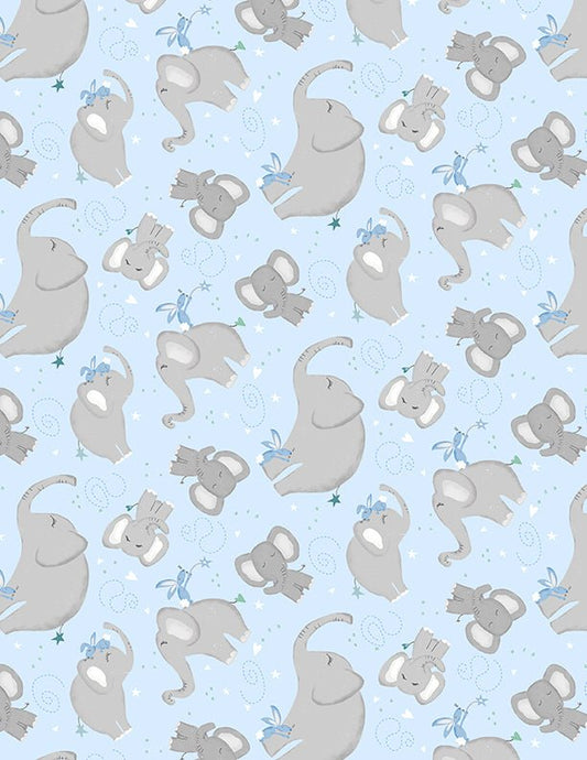 Safari Lullaby Elephant Toss Blue Quilt Fabric by Wilmington Prints - Jammin Threads