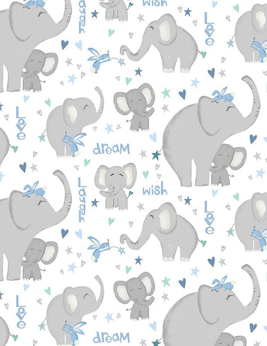 Safari Lullaby Elephants All Over White Quilt Fabric by Wilmington Prints - Jammin Threads