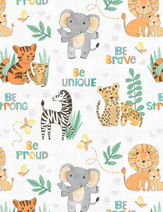 Safari Snuggles Baby Quilt Fabric Critters All Over White by Jenny Faw 3073 - 42029 - 985 - Jammin Threads