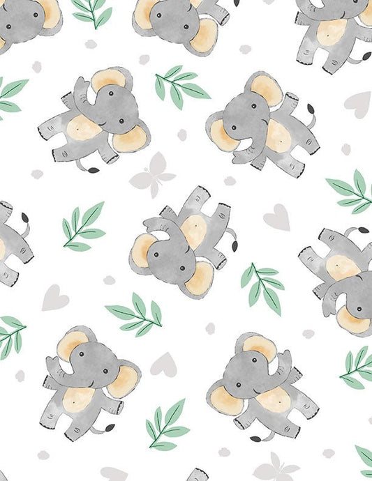 Safari Snuggles Baby Quilt Fabric Elephant Toss White by Jenny Faw 3073 42030 197 - Jammin Threads