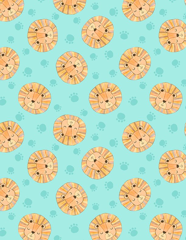 Safari Snuggles Baby Quilt Fabric Lion Toss Teal by Jenny Faw 3073 42032 787 - Jammin Threads