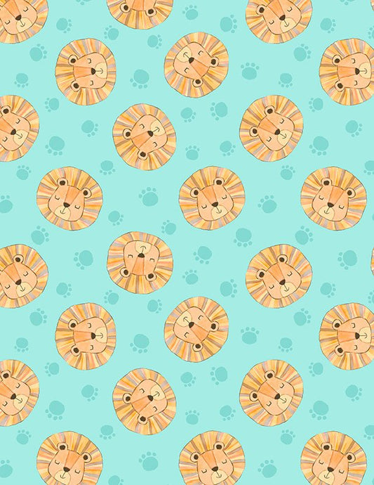 Safari Snuggles Baby Quilt Fabric Lion Toss Teal by Jenny Faw 3073 42032 787 - Jammin Threads