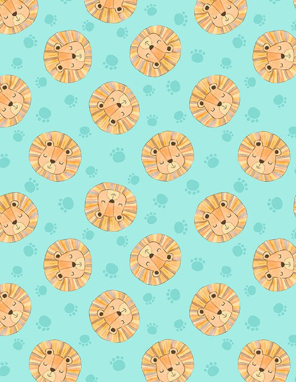 Safari Snuggles Baby Quilt Fabric Lion Toss Teal by Jenny Faw 3073 42032 787 - Jammin Threads