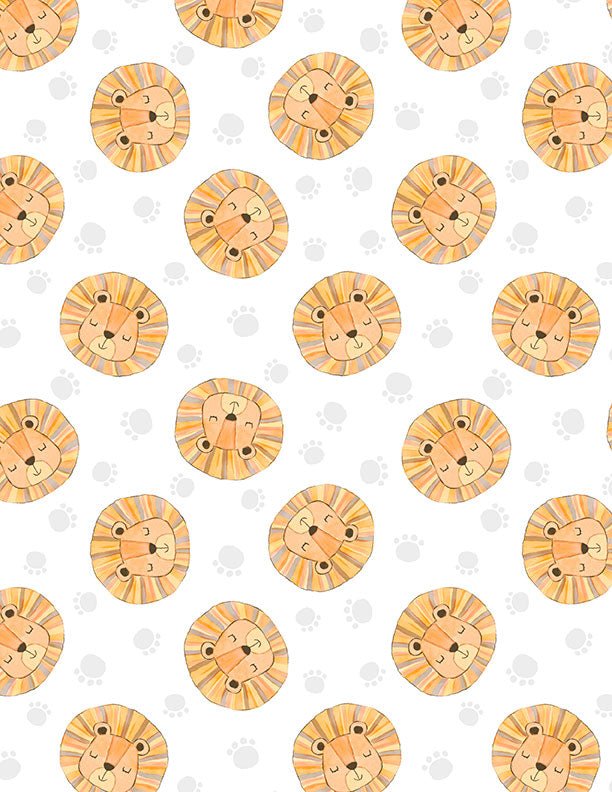 Safari Snuggles Baby Quilt Fabric Lion Toss White by Jenny Faw 3073 42032 189 - Jammin Threads