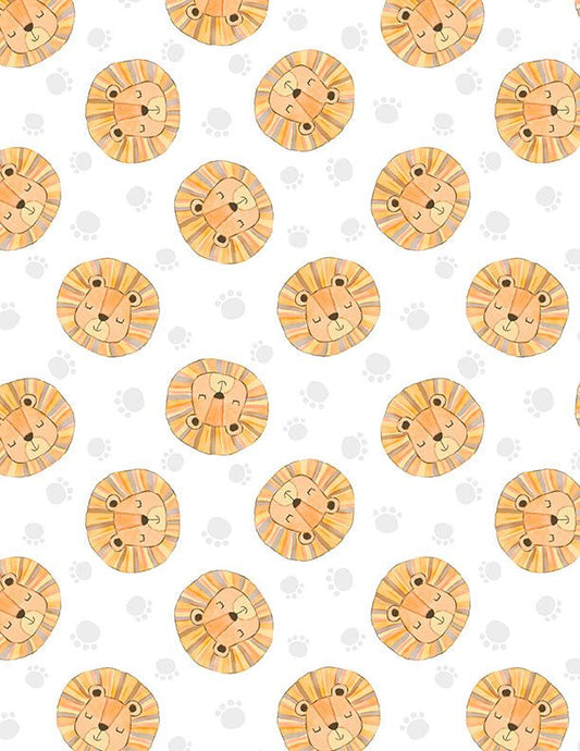 Safari Snuggles Baby Quilt Fabric Lion Toss White by Jenny Faw 3073 42032 189 - Jammin Threads