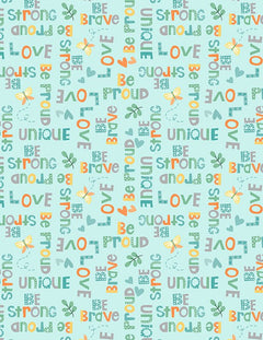 Safari Snuggles Baby Quilt Fabric Word Toss Teal by Jenny Faw 3073 42033 779 - Jammin Threads