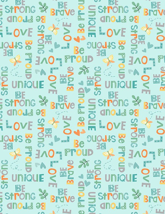 Safari Snuggles Baby Quilt Fabric Word Toss Teal by Jenny Faw 3073 42033 779 - Jammin Threads