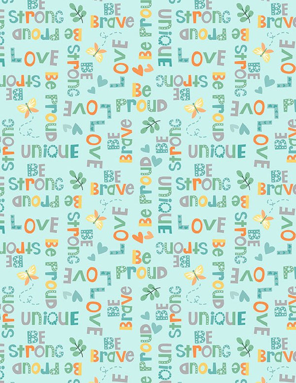 Safari Snuggles Baby Quilt Fabric Word Toss Teal by Jenny Faw 3073 42033 779 - Jammin Threads