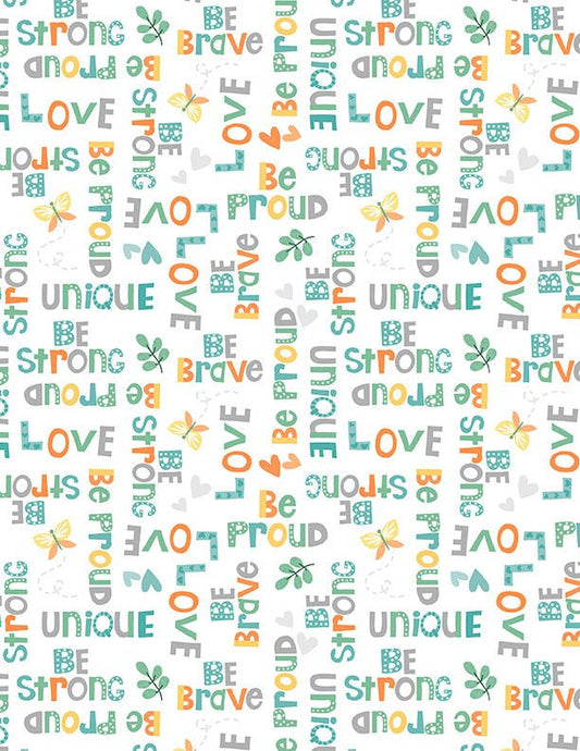 Safari Snuggles Baby Quilt Fabric Word Toss White by Jenny Faw 3073 42033 179 - Jammin Threads