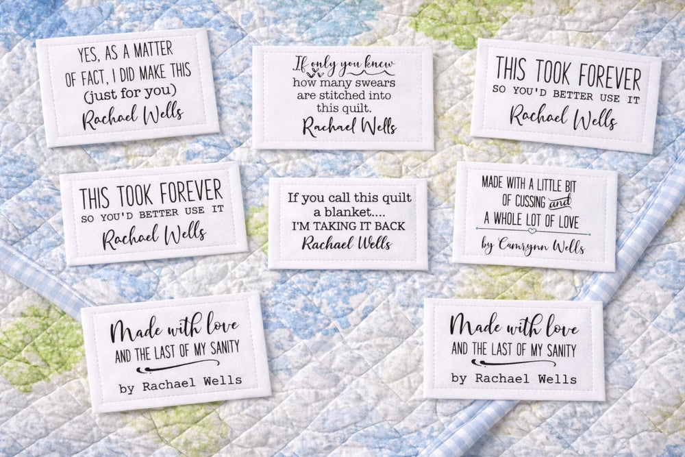 Sarcastic Quilt Label Assortment. Sheet of 8 Personalized quilt label assortment printed on cotton - Jammin Threads