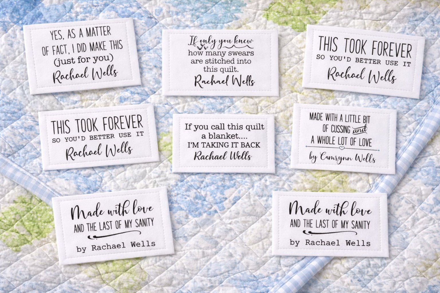 Sarcastic Quilt Label Assortment. Sheet of 8 Personalized quilt label assortment printed on cotton - Jammin Threads