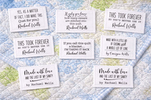 Sarcastic Quilt Label Assortment. Sheet of 8 Personalized quilt label assortment printed on cotton - Jammin Threads
