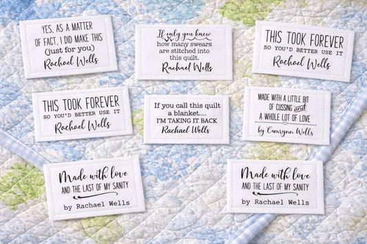 Sarcastic Quilt Label Assortment. Sheet of 8 Personalized quilt label assortment printed on cotton - Jammin Threads