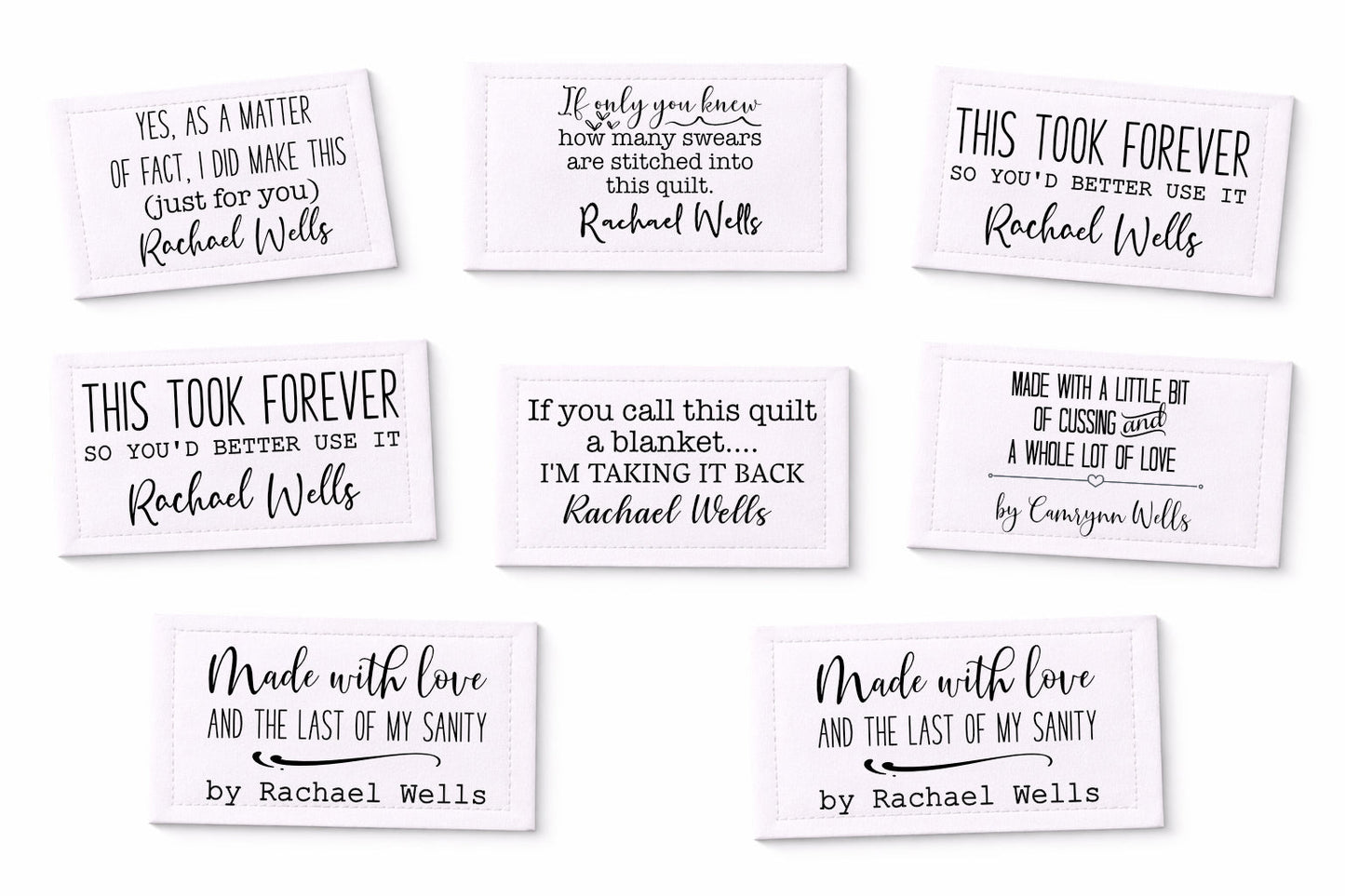 Sarcastic Quilt Label Assortment. Sheet of 8 Personalized quilt label assortment printed on cotton - Jammin Threads