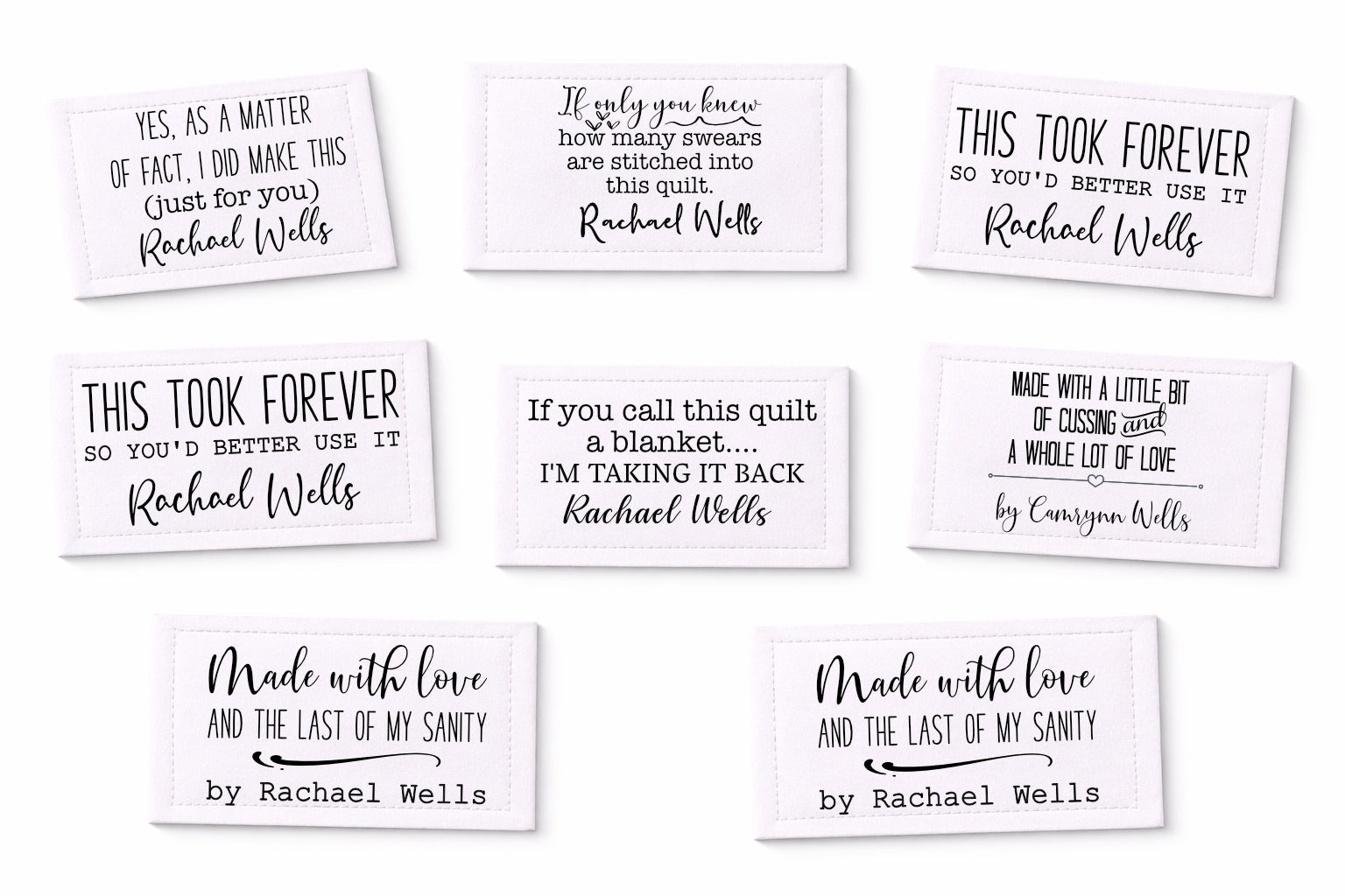 Sarcastic Quilt Label Assortment. Sheet of 8 Personalized quilt label assortment printed on cotton - Jammin Threads