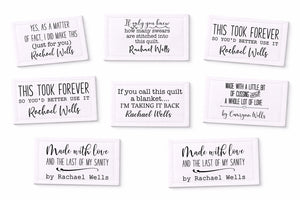 Sarcastic Quilt Label Assortment. Sheet of 8 Personalized quilt label assortment printed on cotton - Jammin Threads