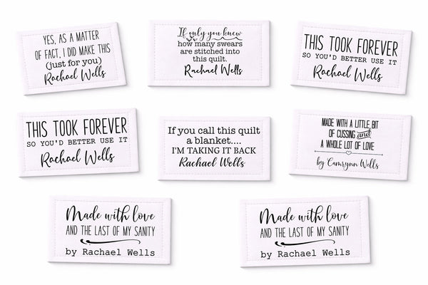 Sarcastic Quilt Label Assortment. Sheet of 8 Personalized quilt label assortment printed on cotton - Jammin Threads