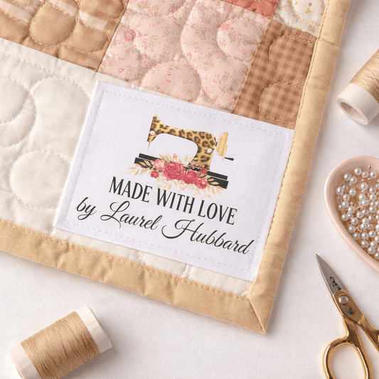 Sewing Machine Quilt Label – “Made with Love” Personalized Quilt Tag – Cheetah Print Sewing Label – Custom Quilting Label - Jammin Threads