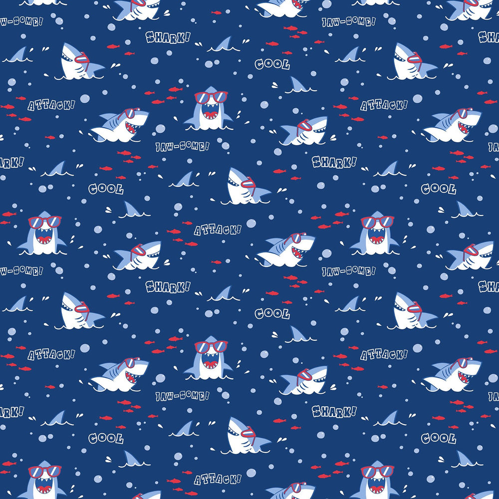 Shark Attack Children's Quilt Fabric 28857 - 48 Shark Heads by Northcott. - Jammin Threads