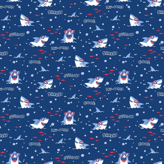 Shark Attack Children's Quilt Fabric 28857 - 48 Shark Heads by Northcott. - Jammin Threads
