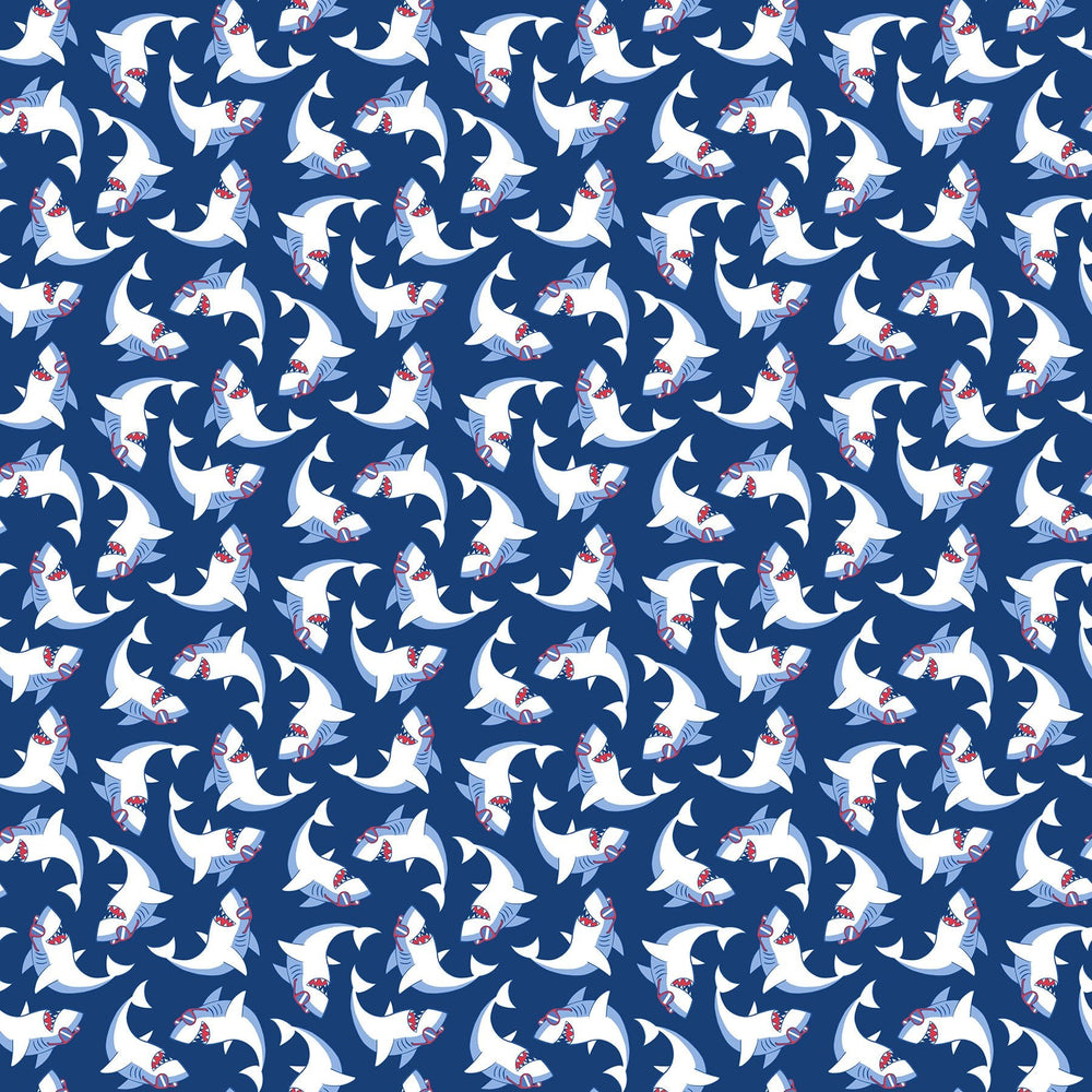 Shark Attack Children's Quilt Fabric 28858 - 48 Tossed Sharks by Northcott - Jammin Threads