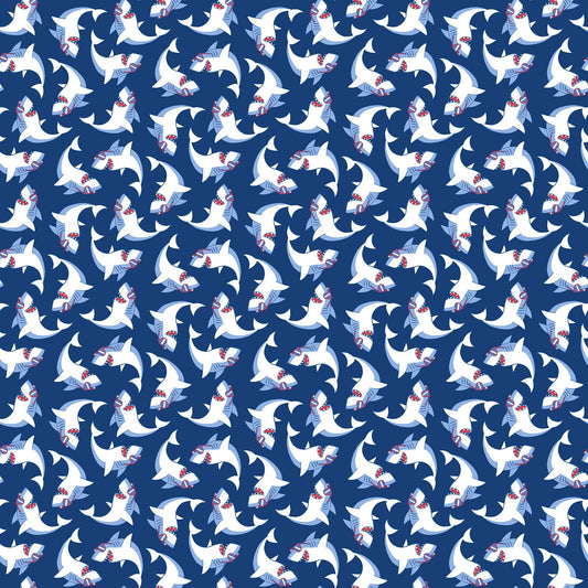 Shark Attack Children's Quilt Fabric 28858 - 48 Tossed Sharks by Northcott - Jammin Threads