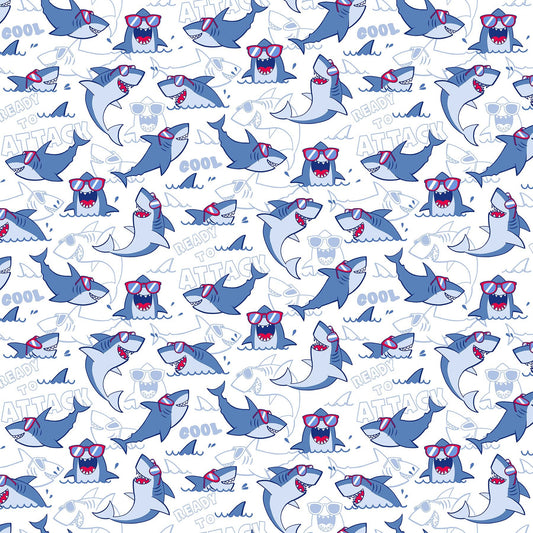 Shark Attack Children's Quilt Fabric by Northcott. 28856 - 10 Big Sharks - Jammin Threads