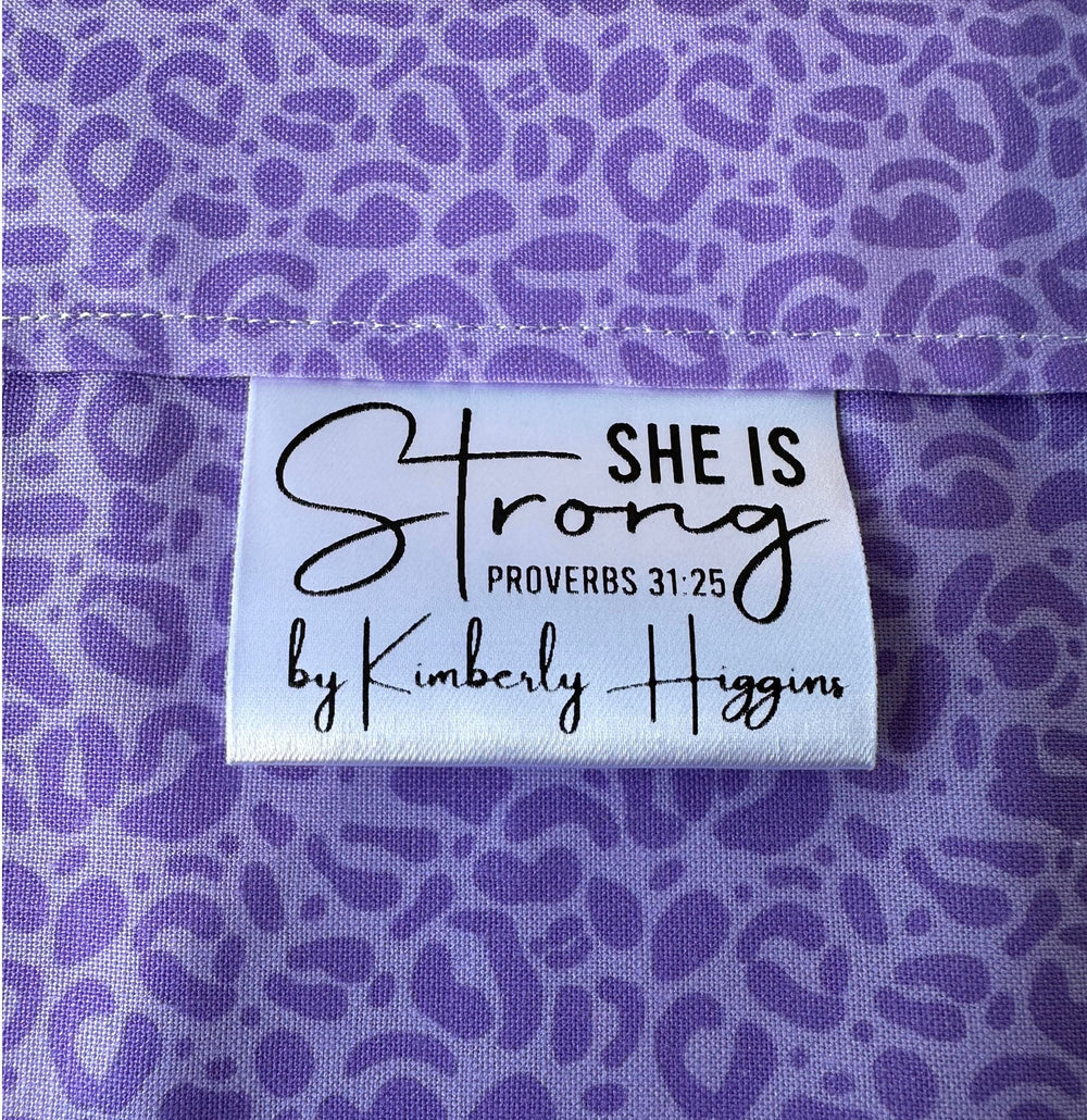 She Is Strong Satin Quilt Label Tag – Proverbs 31:25 Personalized Quilt Tag with Maker Name | Custom Sew - In Label - Jammin Threads