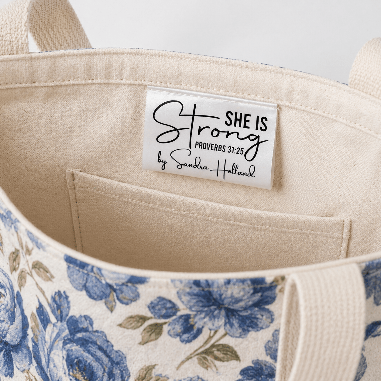 She Is Strong Satin Quilt Label Tag – Proverbs 31:25 Personalized Quilt Tag with Maker Name | Custom Sew - In Label - Jammin Threads