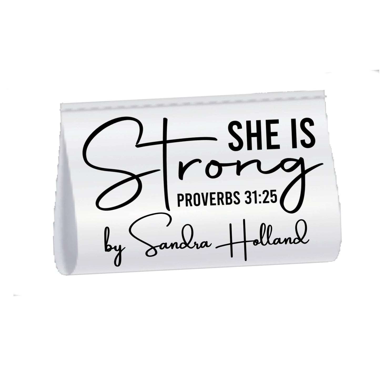 She Is Strong Satin Quilt Label Tag – Proverbs 31:25 Personalized Quilt Tag with Maker Name | Custom Sew - In Label - Jammin Threads