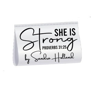 She Is Strong Satin Quilt Label Tag – Proverbs 31:25 Personalized Quilt Tag with Maker Name | Custom Sew - In Label - Jammin Threads