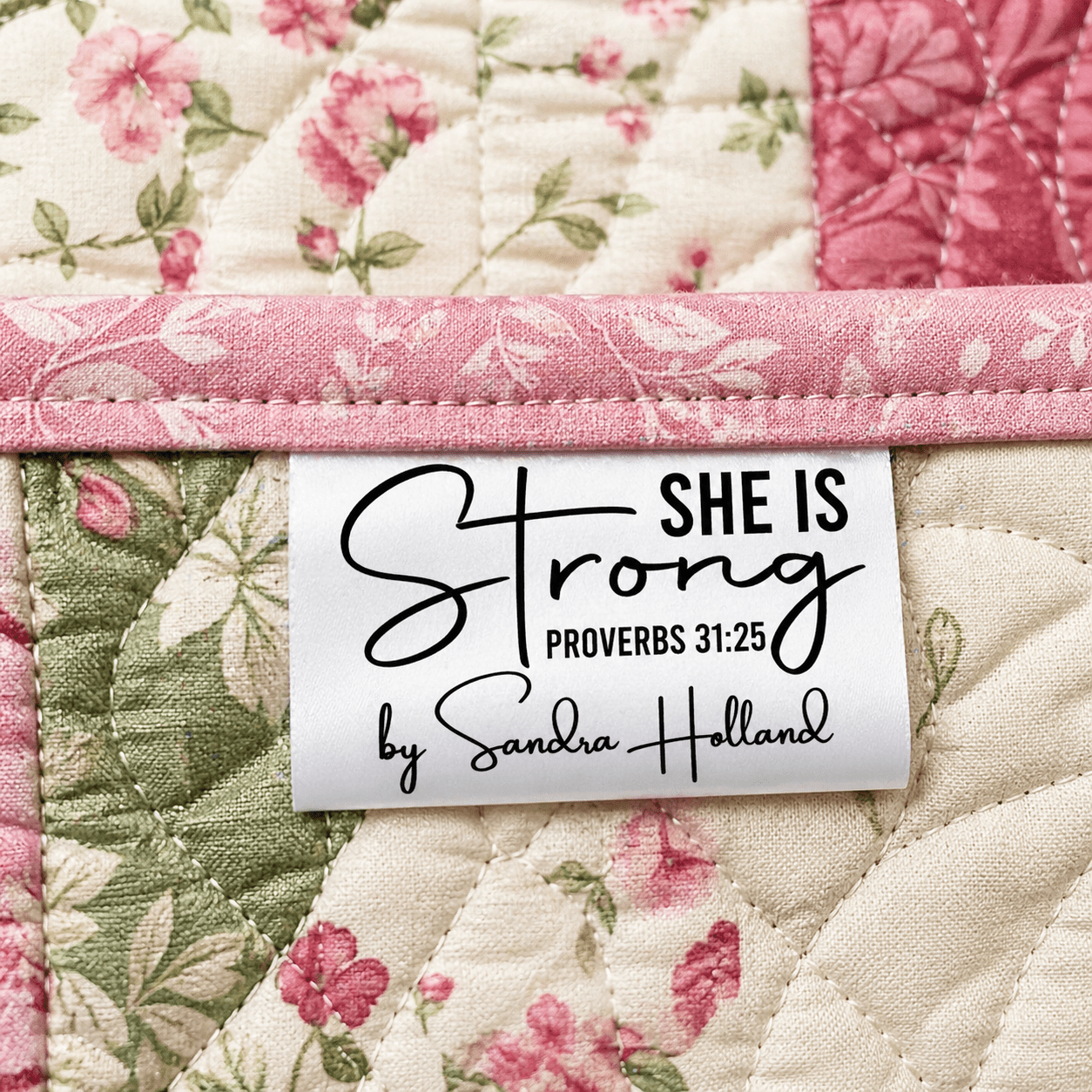 She Is Strong Satin Quilt Label Tag – Proverbs 31:25 Personalized Quilt Tag with Maker Name | Custom Sew - In Label - Jammin Threads